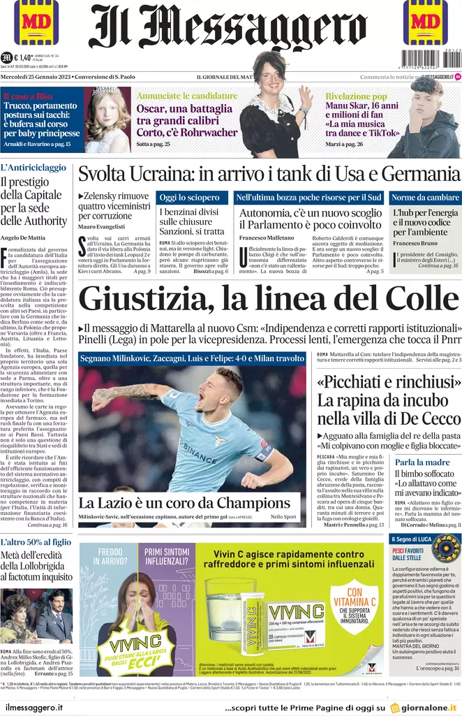 Prime pagine giornali 25 gennaio 2023. Escalation guerra: tank da Usa-Germania