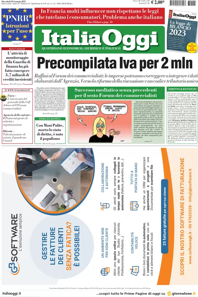 Prime pagine giornali economici 25 gennaio. Comuni, al Sud in 1000 in deficit