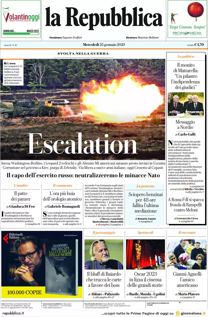 Prime pagine giornali 25 gennaio 2023. Escalation guerra: tank da Usa-Germania