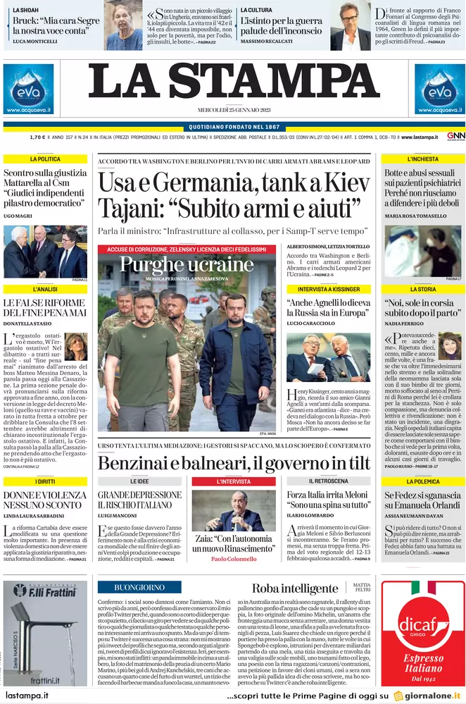Prime pagine giornali 25 gennaio 2023. Escalation guerra: tank da Usa-Germania