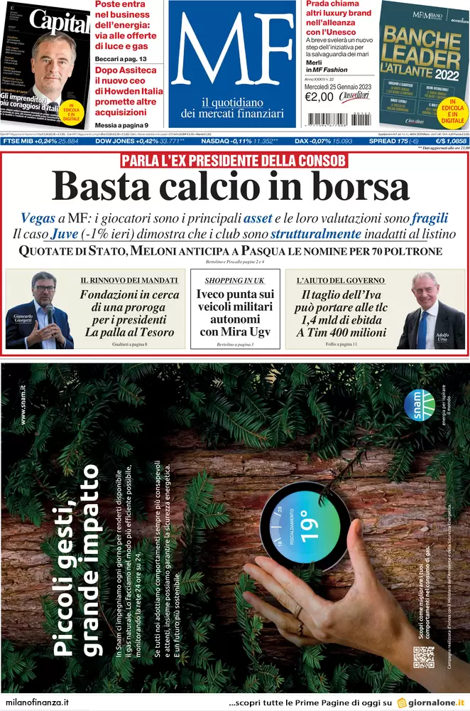 Prime pagine giornali economici 25 gennaio. Comuni, al Sud in 1000 in deficit