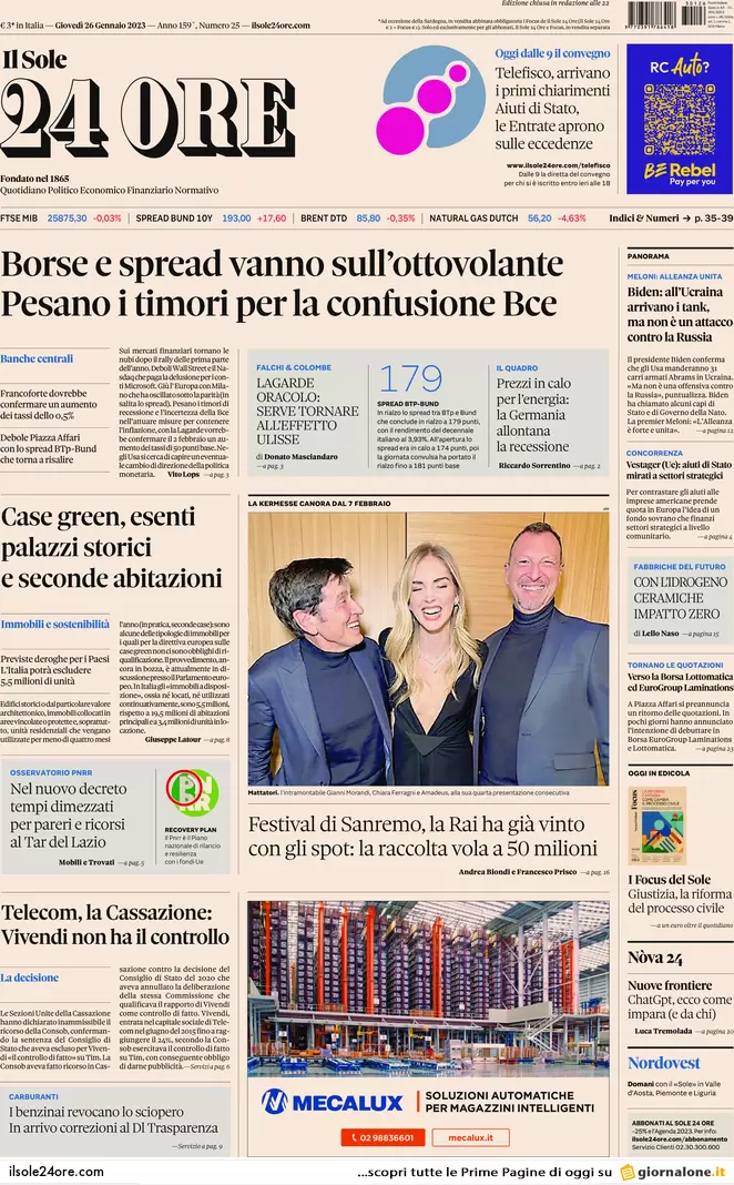 Prime pagine giornali 26 gennaio 2023. L’Italia garantisce lo scudo a Kiev