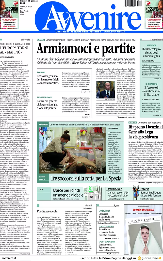 Prime pagine giornali 26 gennaio 2023. L’Italia garantisce lo scudo a Kiev