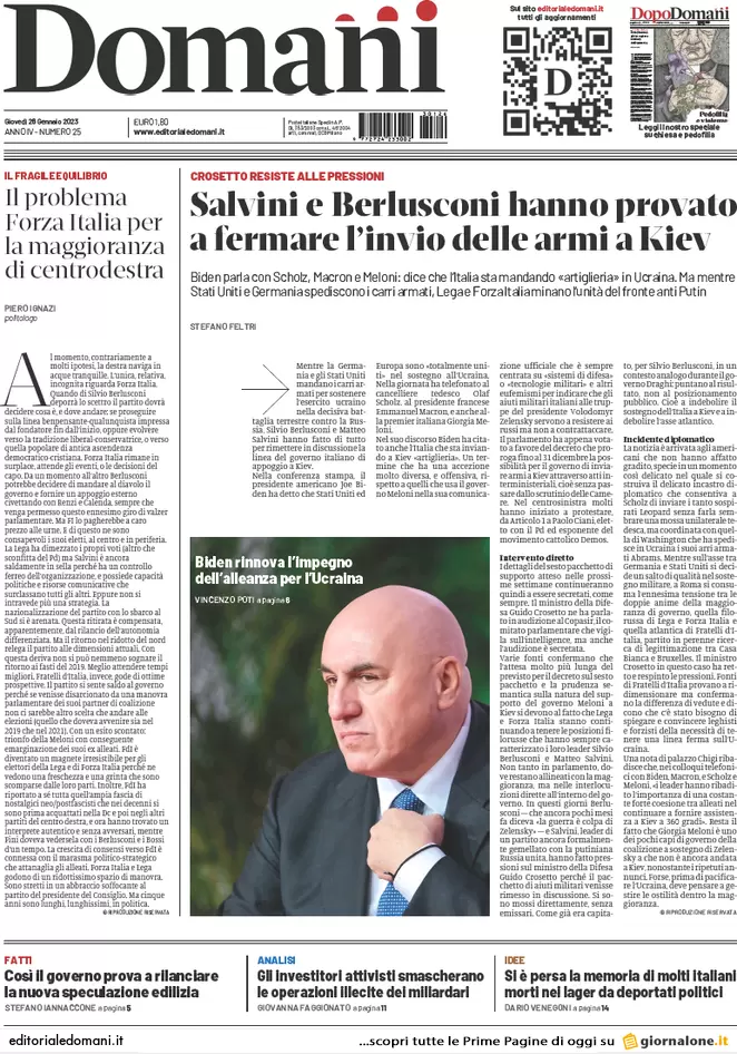 Prime pagine giornali 26 gennaio 2023. L’Italia garantisce lo scudo a Kiev