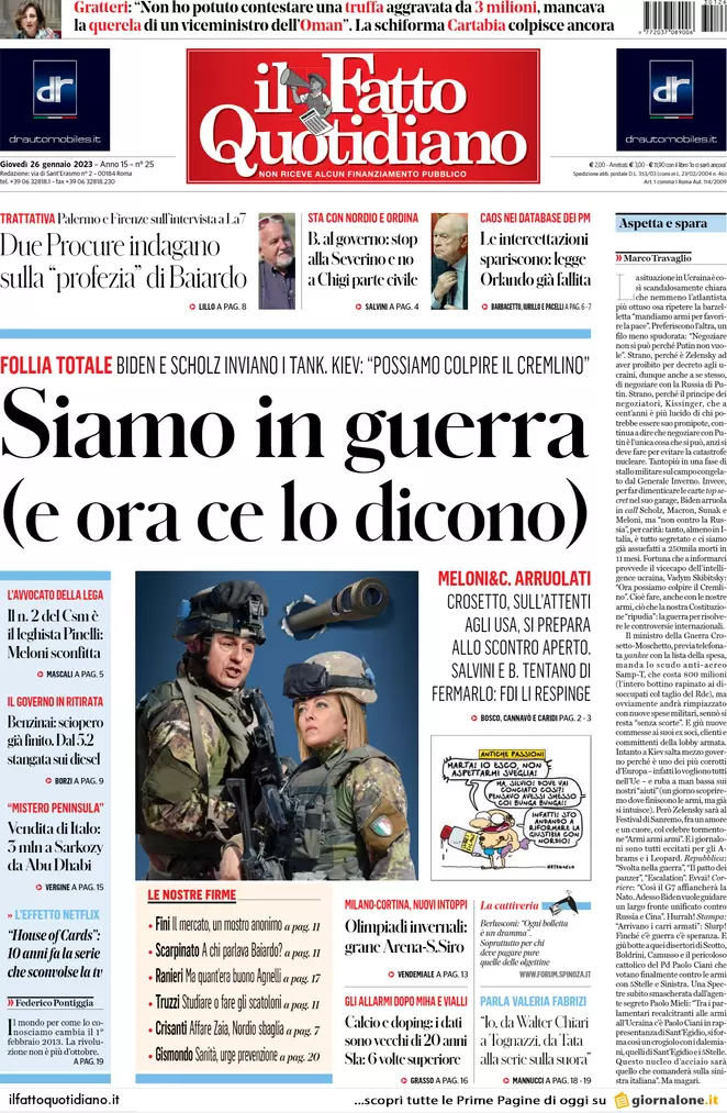 Prime pagine giornali 26 gennaio 2023. L’Italia garantisce lo scudo a Kiev
