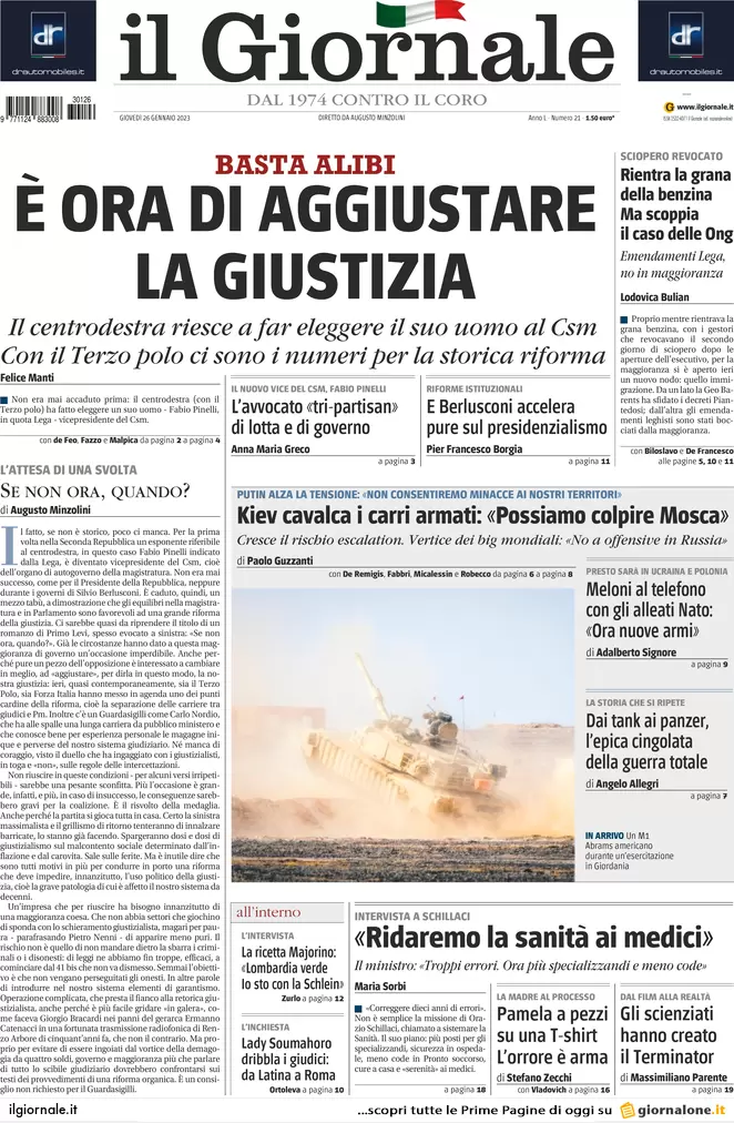 Prime pagine giornali 26 gennaio 2023. L’Italia garantisce lo scudo a Kiev