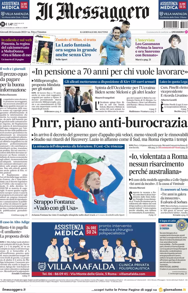 Prime pagine giornali 26 gennaio 2023. L’Italia garantisce lo scudo a Kiev