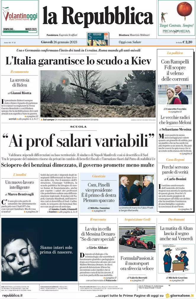 Prime pagine giornali 26 gennaio 2023. L’Italia garantisce lo scudo a Kiev