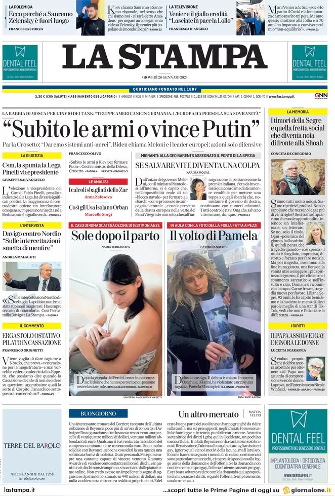 Prime pagine giornali 26 gennaio 2023. L’Italia garantisce lo scudo a Kiev