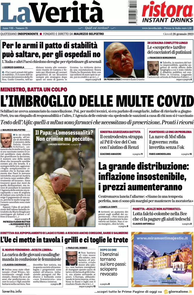 Prime pagine giornali 26 gennaio 2023. L’Italia garantisce lo scudo a Kiev