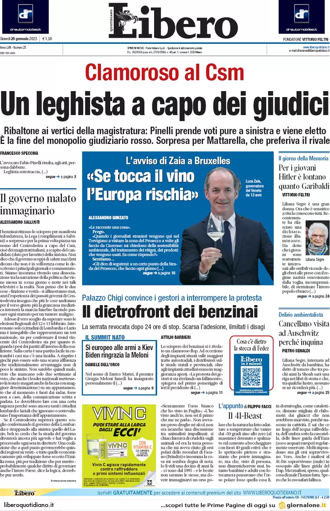 Prime pagine giornali 26 gennaio 2023. L’Italia garantisce lo scudo a Kiev