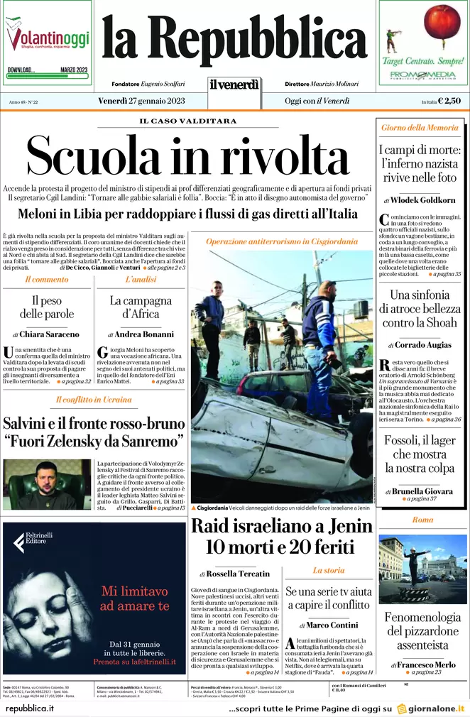 Prime pagine giornali 27 gennaio 2023. Stipendi ai prof, scuole in rivolta