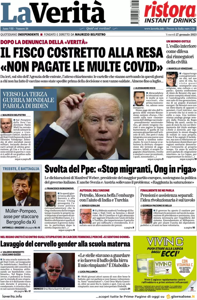 Prime pagine giornali 27 gennaio 2023. Stipendi ai prof, scuole in rivolta