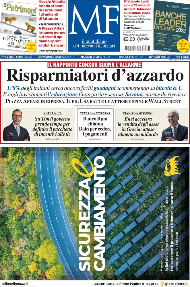 Prime pagine giornali economici 27 gennaio. Stralcio su 18mld di vecchi debiti