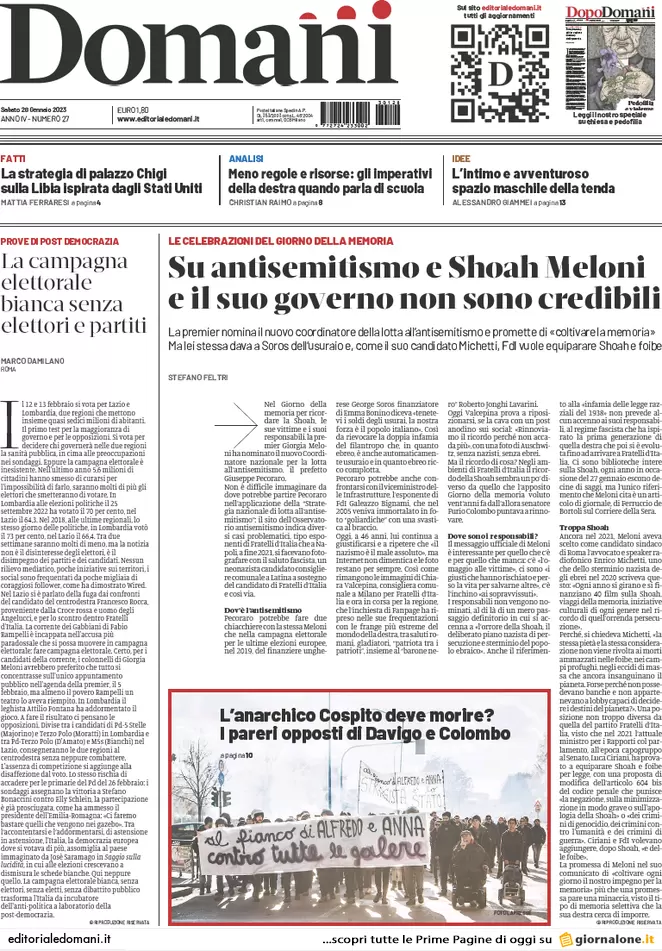 Prime pagine giornali 28 gennaio 2023. Scontro su Kiev, Fini torna a casa