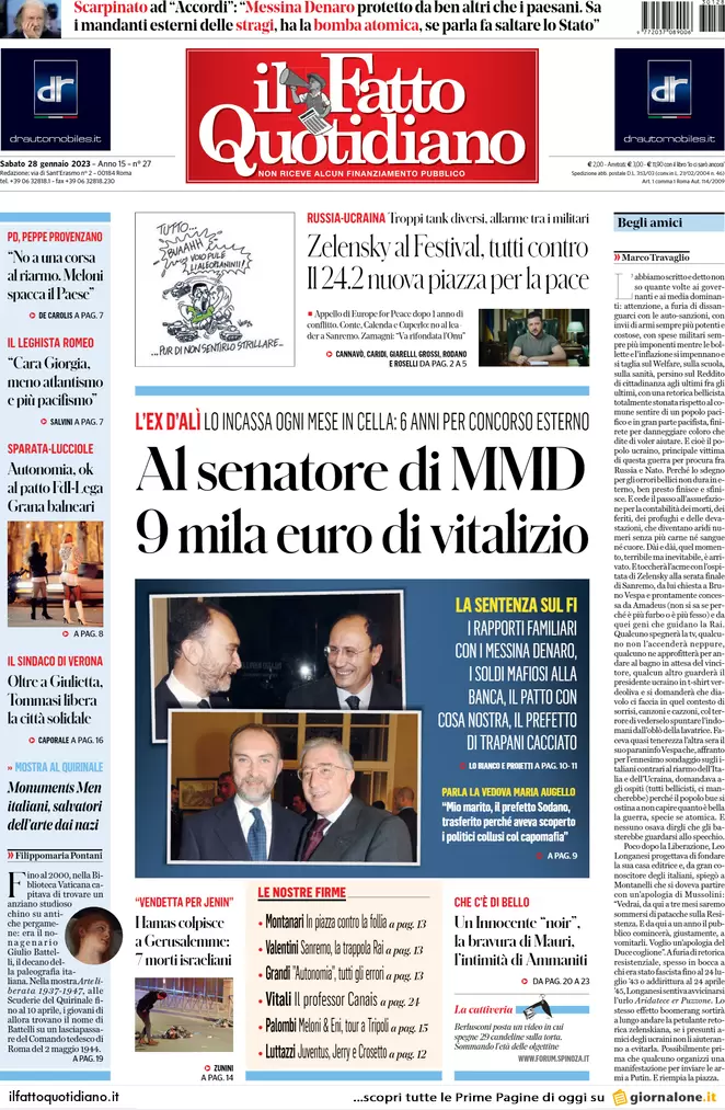 Prime pagine giornali 28 gennaio 2023. Scontro su Kiev, Fini torna a casa
