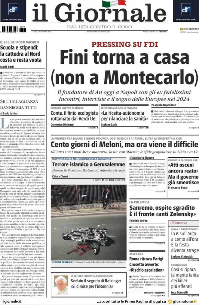 Prime pagine giornali 28 gennaio 2023. Scontro su Kiev, Fini torna a casa