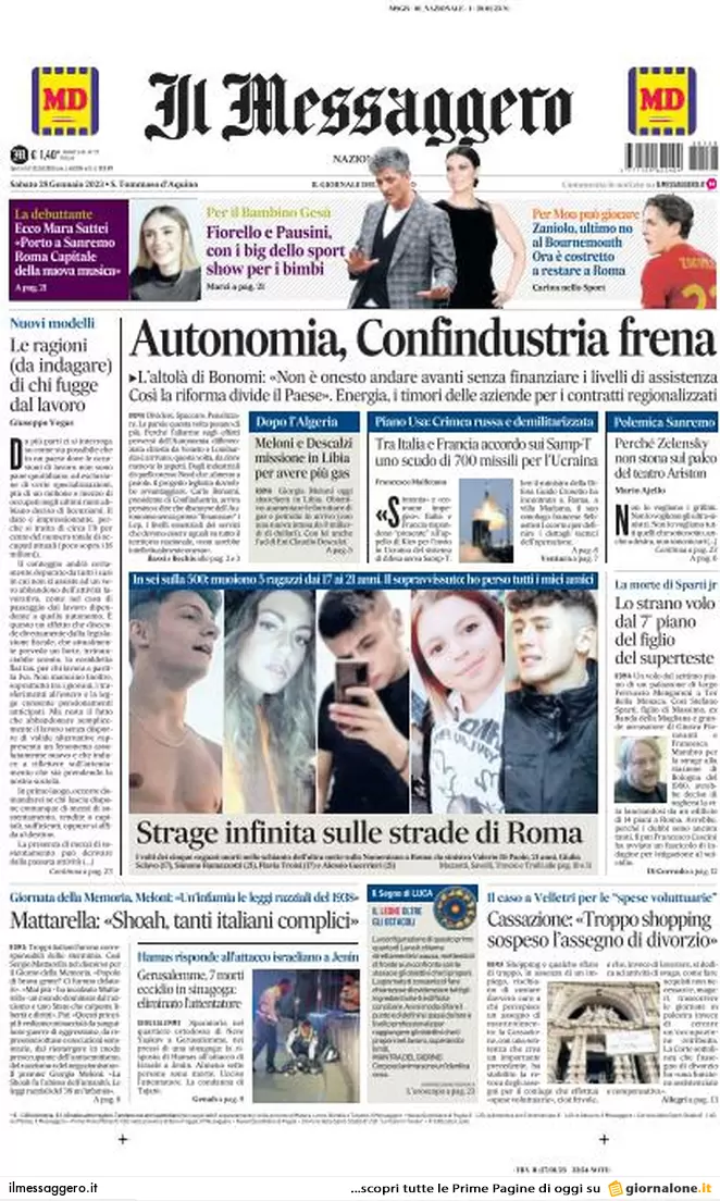 Prime pagine giornali 28 gennaio 2023. Scontro su Kiev, Fini torna a casa