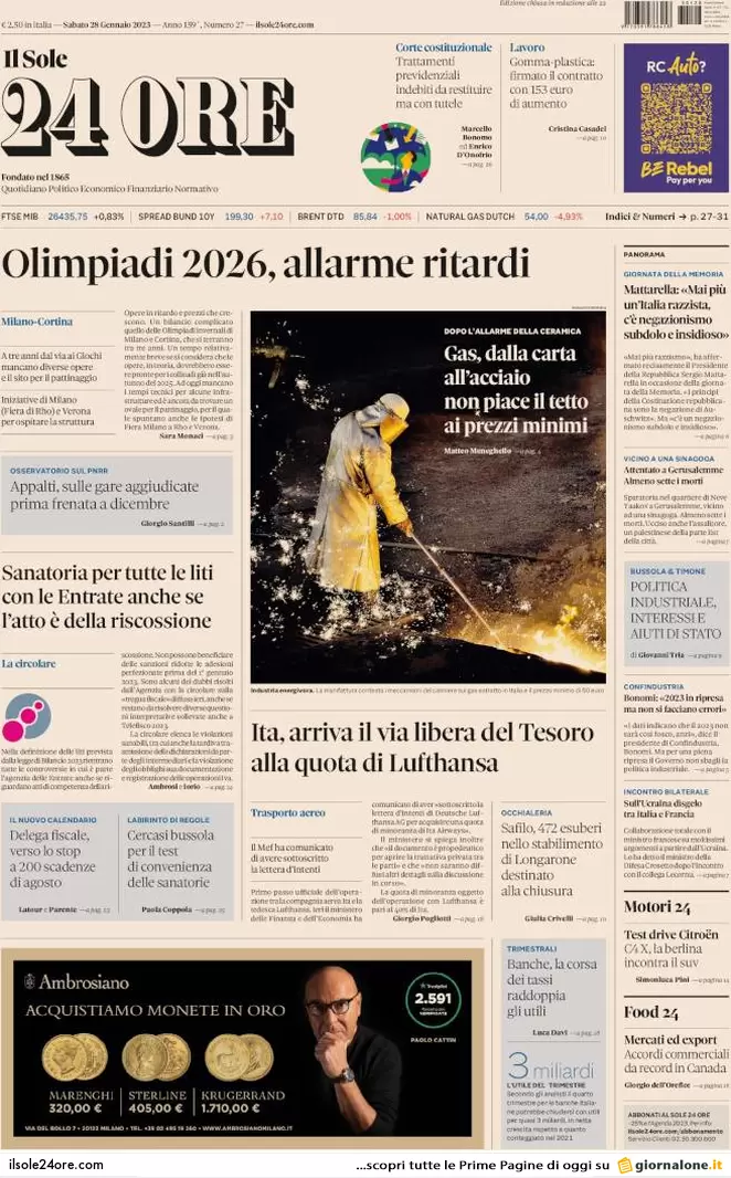Prime pagine giornali economici 28 gennaio. Olimpiadi 2026, allarme ritardi
