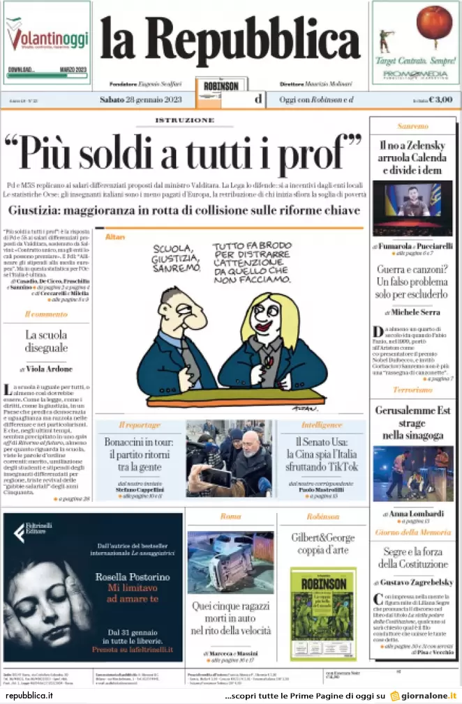 Prime pagine giornali 28 gennaio 2023. Scontro su Kiev, Fini torna a casa