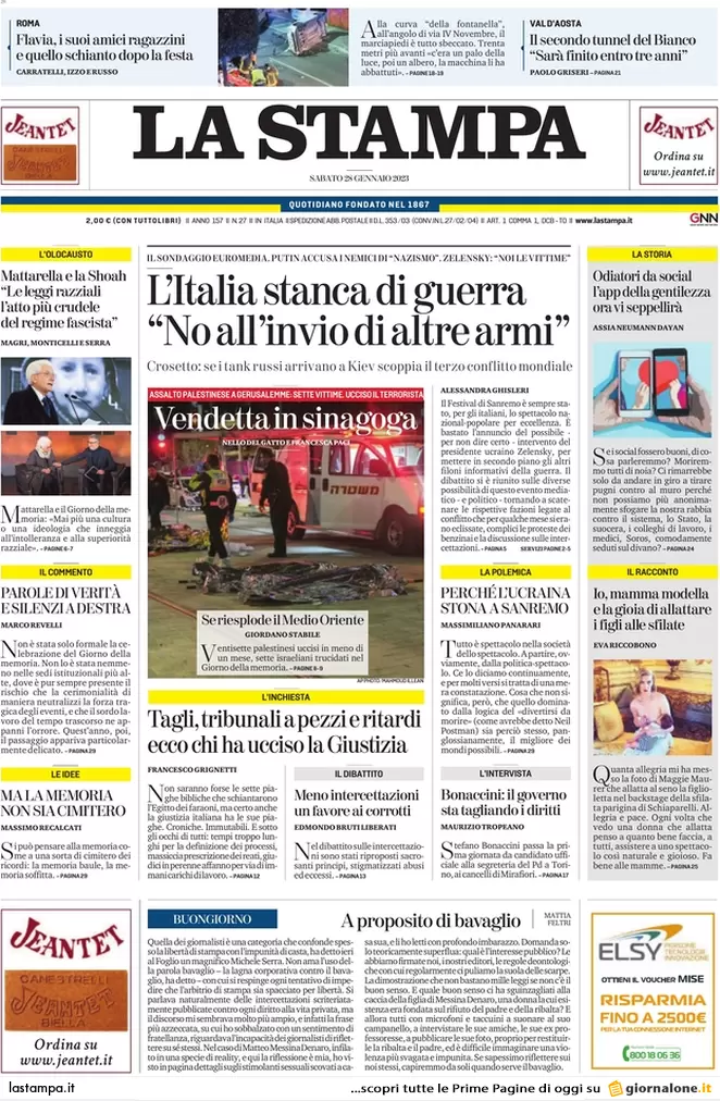 Prime pagine giornali 28 gennaio 2023. Scontro su Kiev, Fini torna a casa