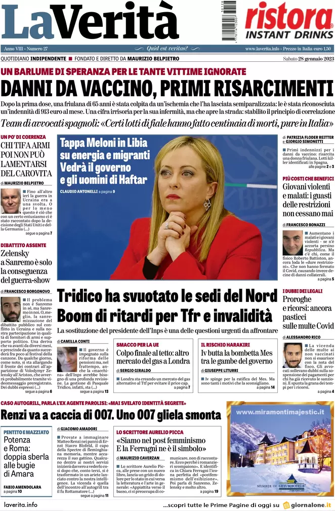 Prime pagine giornali 28 gennaio 2023. Scontro su Kiev, Fini torna a casa