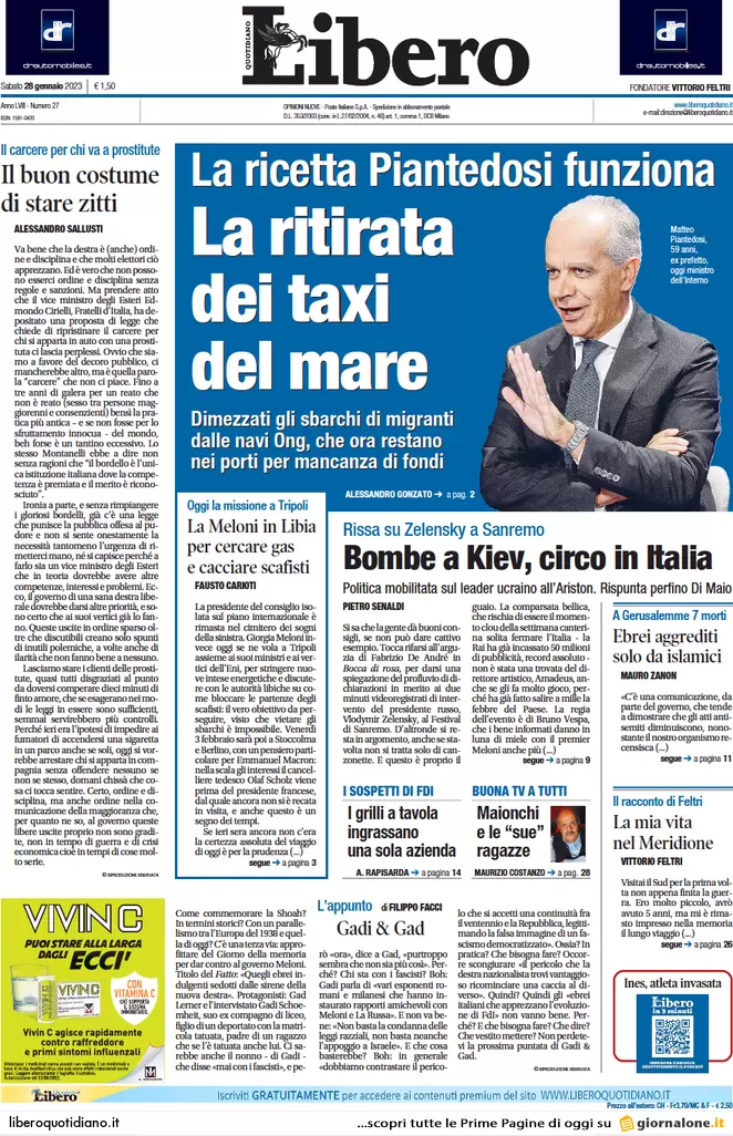 Prime pagine giornali 28 gennaio 2023. Scontro su Kiev, Fini torna a casa