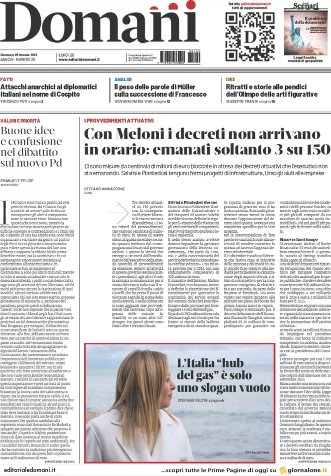 Prime pagine giornali 29 gennaio 2023. 100 giorni di Meloni e paura anarchici