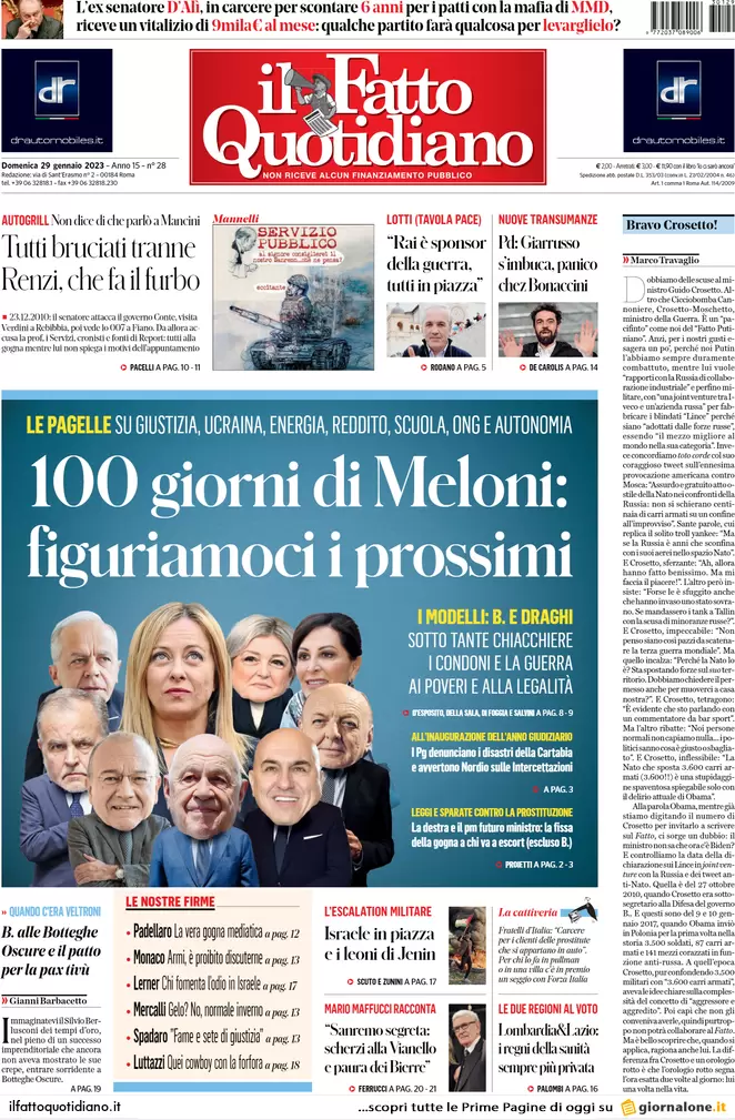 Prime pagine giornali 29 gennaio 2023. 100 giorni di Meloni e paura anarchici