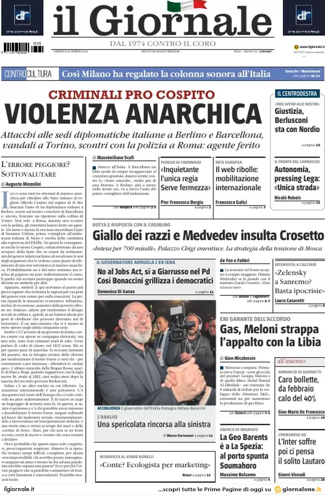 Prime pagine giornali 29 gennaio 2023. 100 giorni di Meloni e paura anarchici