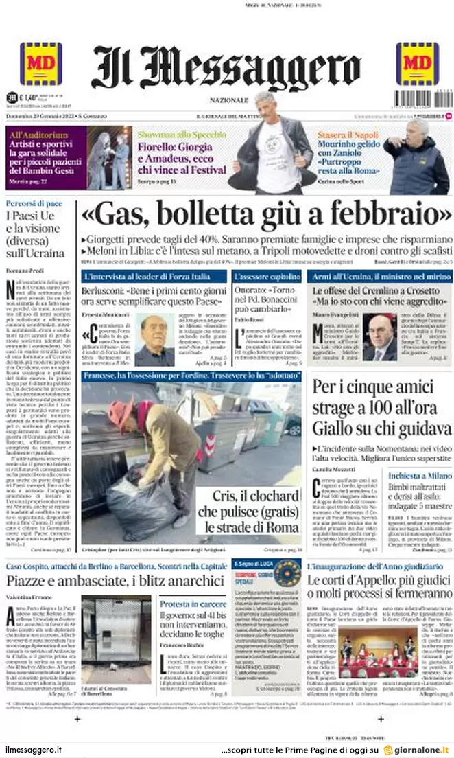 Prime pagine giornali 29 gennaio 2023. 100 giorni di Meloni e paura anarchici