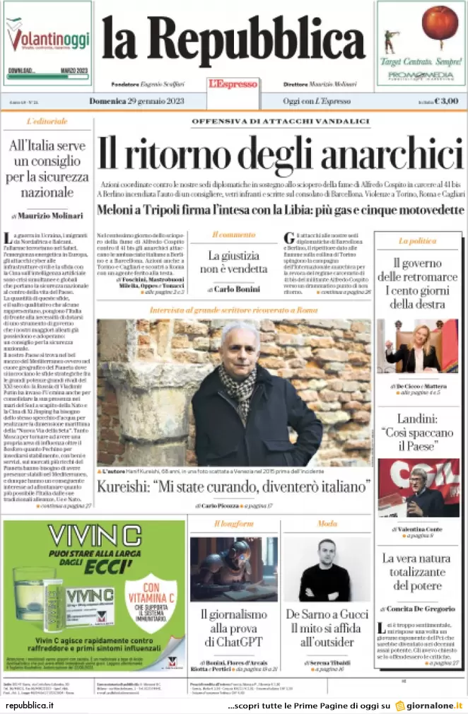 Prime pagine giornali 29 gennaio 2023. 100 giorni di Meloni e paura anarchici