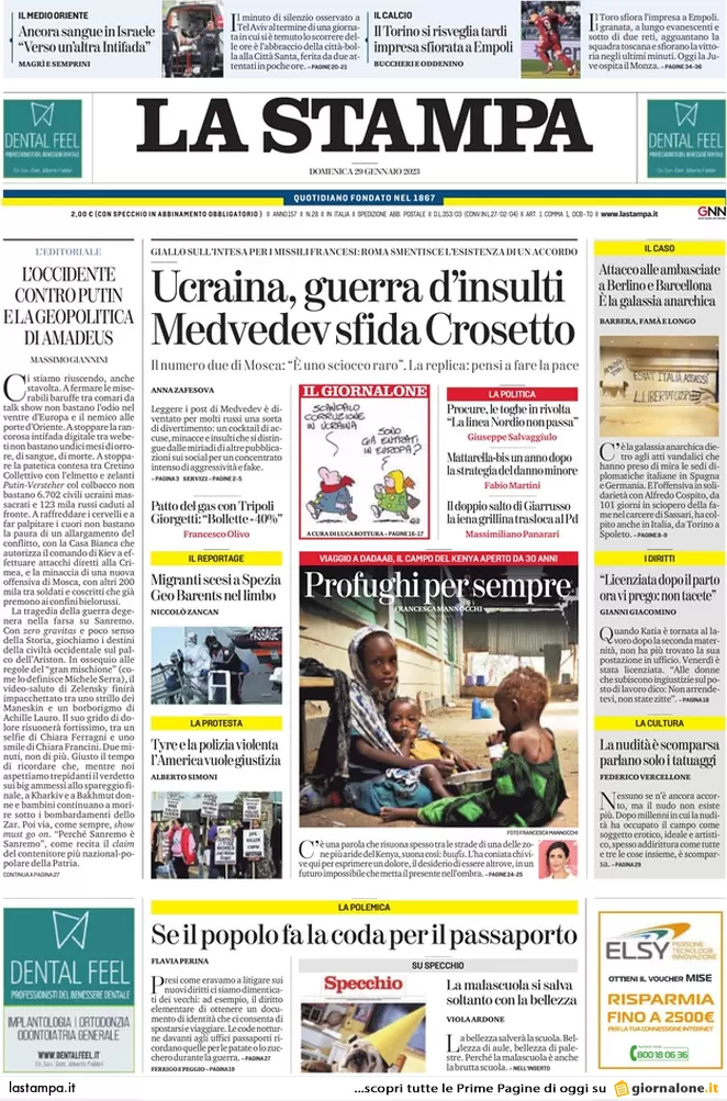 Prime pagine giornali 29 gennaio 2023. 100 giorni di Meloni e paura anarchici