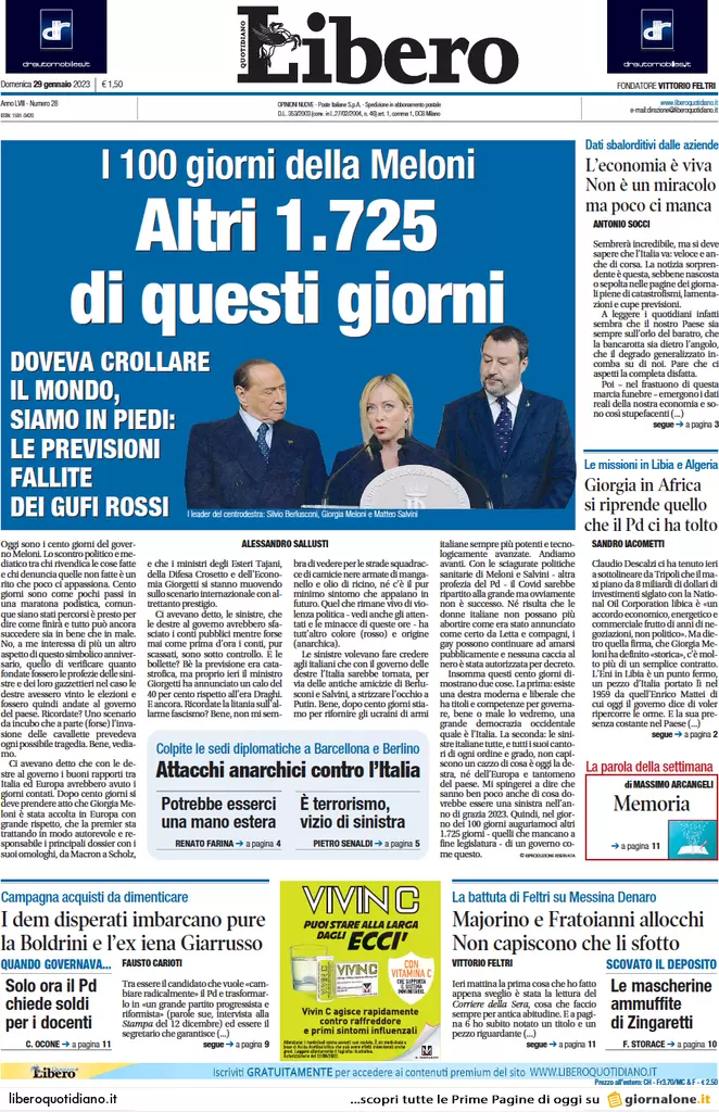 Prime pagine giornali 29 gennaio 2023. 100 giorni di Meloni e paura anarchici