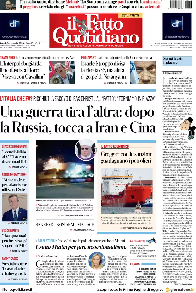 Prime pagine giornali 30 gennaio 2023. Meloni: linea dura con gli anarchici