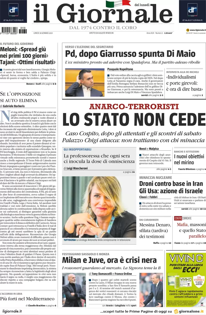 Prime pagine giornali 30 gennaio 2023. Meloni: linea dura con gli anarchici