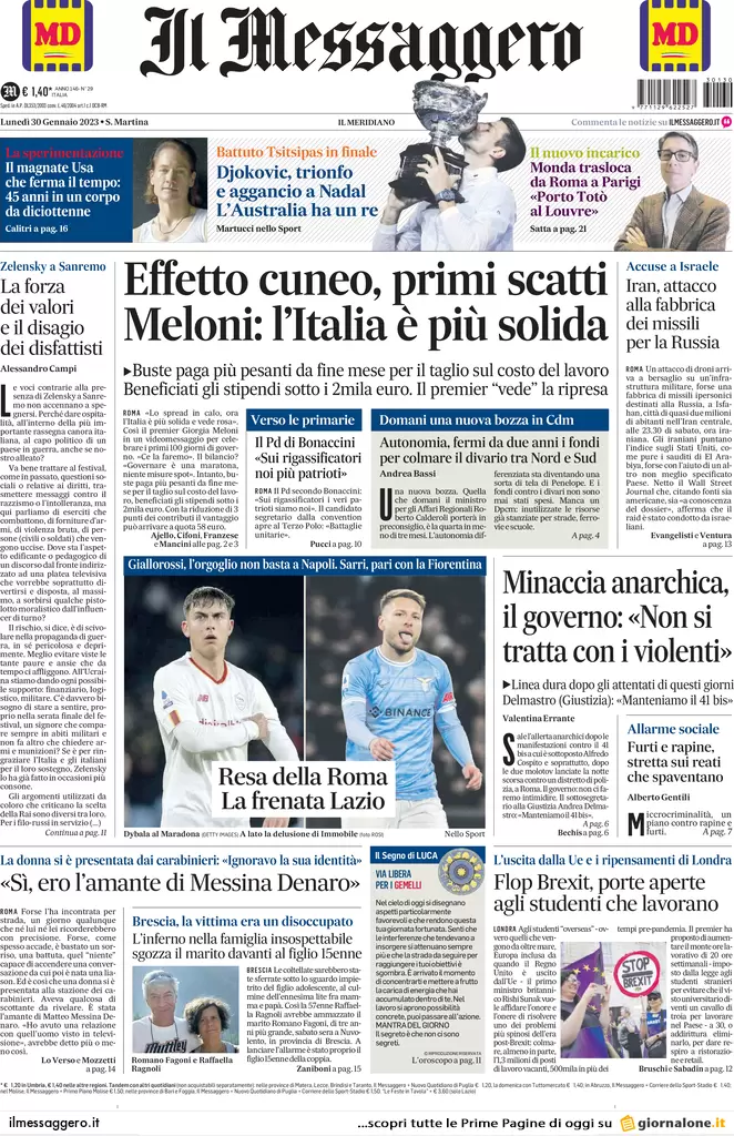 Prime pagine giornali 30 gennaio 2023. Meloni: linea dura con gli anarchici