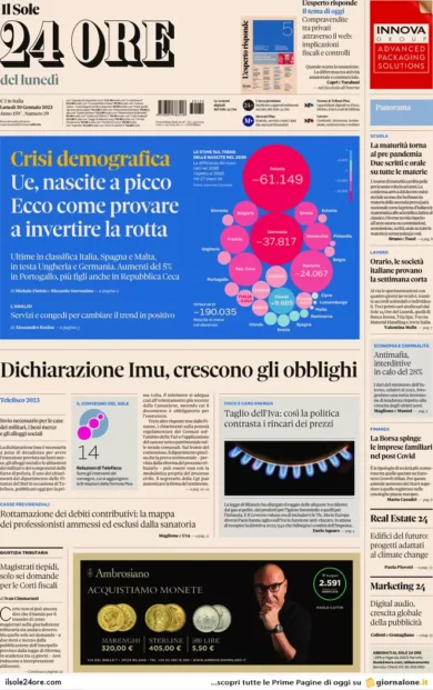 Prime pagine giornali economici 30 gennaio. Dichiarazione Imu, cambia tutto