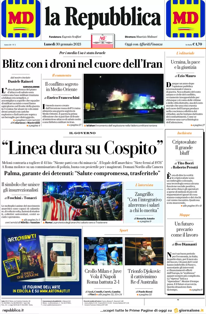 Prime pagine giornali 30 gennaio 2023. Meloni: linea dura con gli anarchici