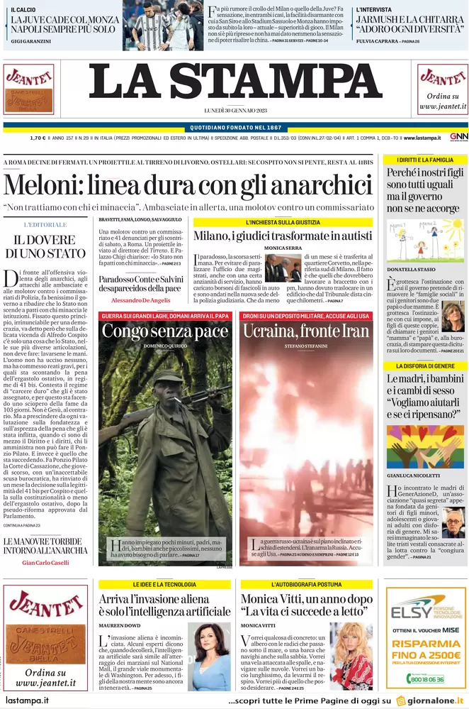 Prime pagine giornali 30 gennaio 2023. Meloni: linea dura con gli anarchici