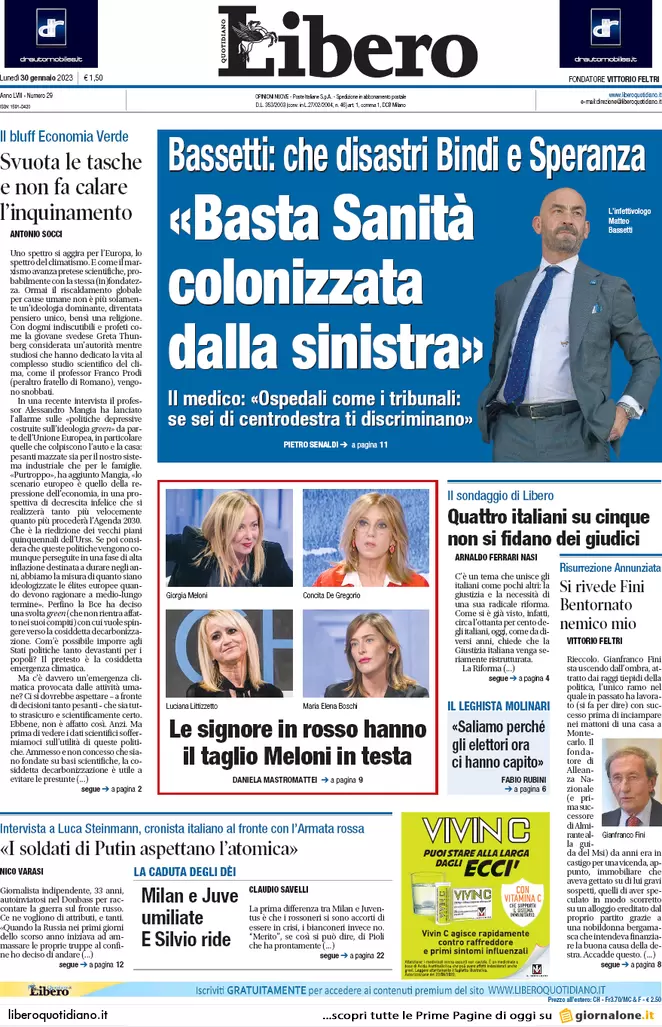 Prime pagine giornali 30 gennaio 2023. Meloni: linea dura con gli anarchici