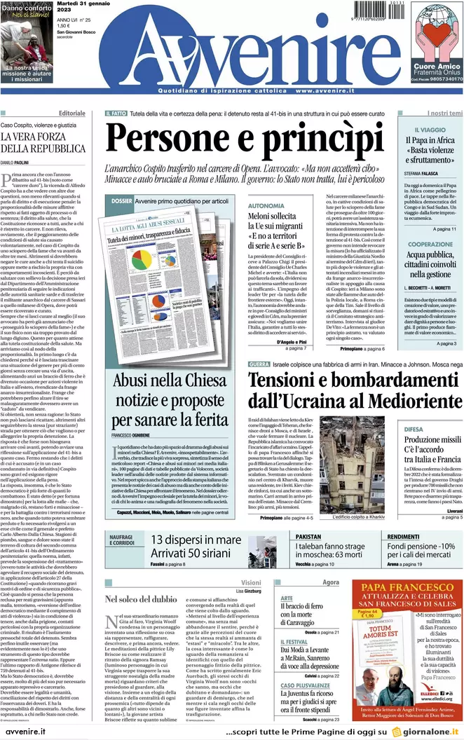 Prime pagine giornali 31 gennaio 2023. Cospito e anarchici: via tutti i 41 bis