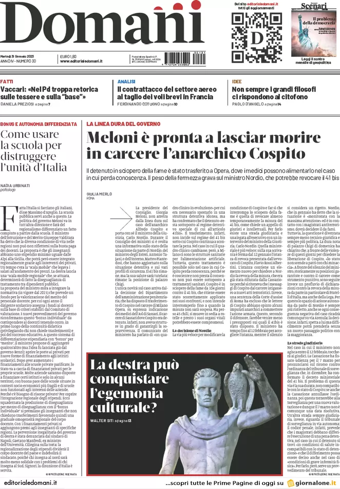 Prime pagine giornali 31 gennaio 2023. Cospito e anarchici: via tutti i 41 bis