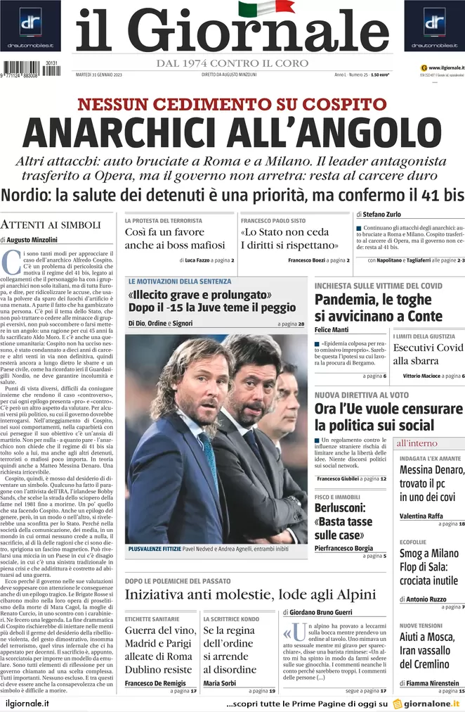 Prime pagine giornali 31 gennaio 2023. Cospito e anarchici: via tutti i 41 bis