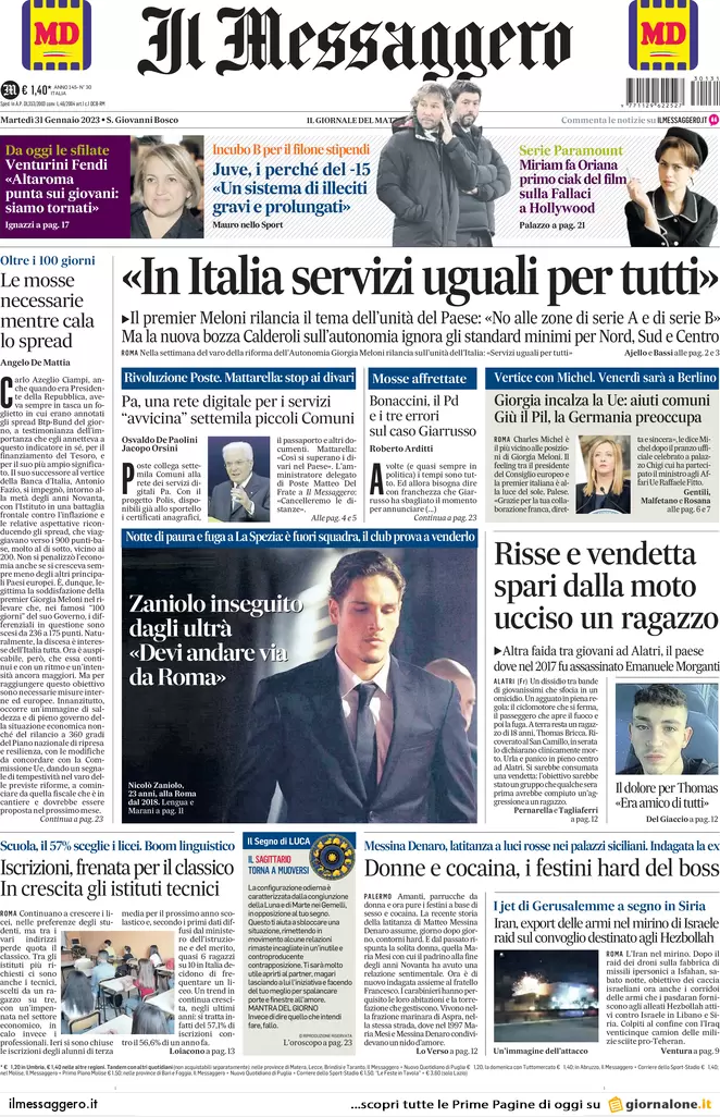 Prime pagine giornali 31 gennaio 2023. Cospito e anarchici: via tutti i 41 bis