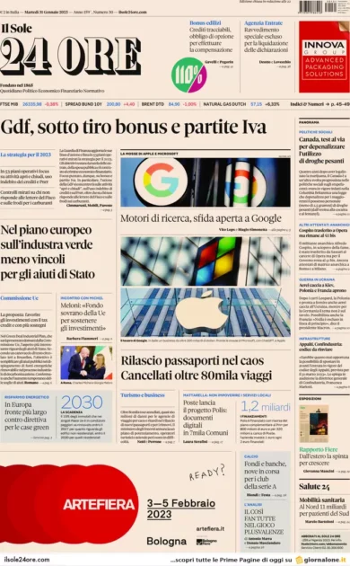 Prime pagine giornali economici 31 gennaio. Gdf, nel mirino finte partite Iva