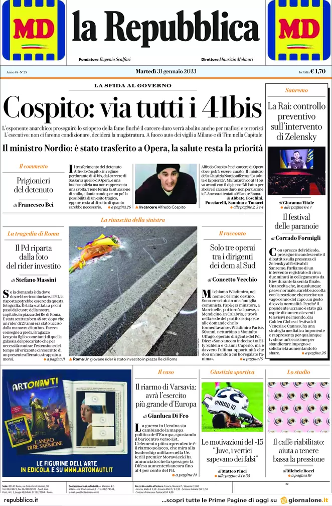 Prime pagine giornali 31 gennaio 2023. Cospito e anarchici: via tutti i 41 bis