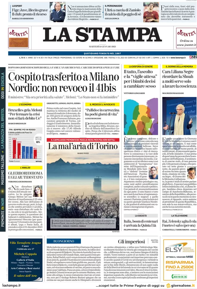 Prime pagine giornali 31 gennaio 2023. Cospito e anarchici: via tutti i 41 bis