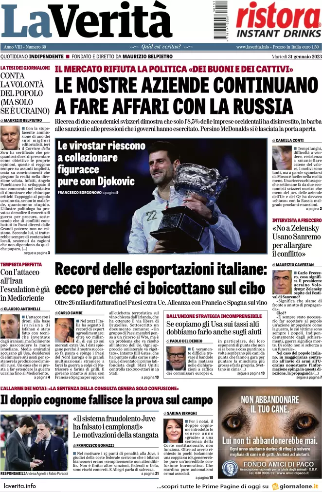 Prime pagine giornali 31 gennaio 2023. Cospito e anarchici: via tutti i 41 bis
