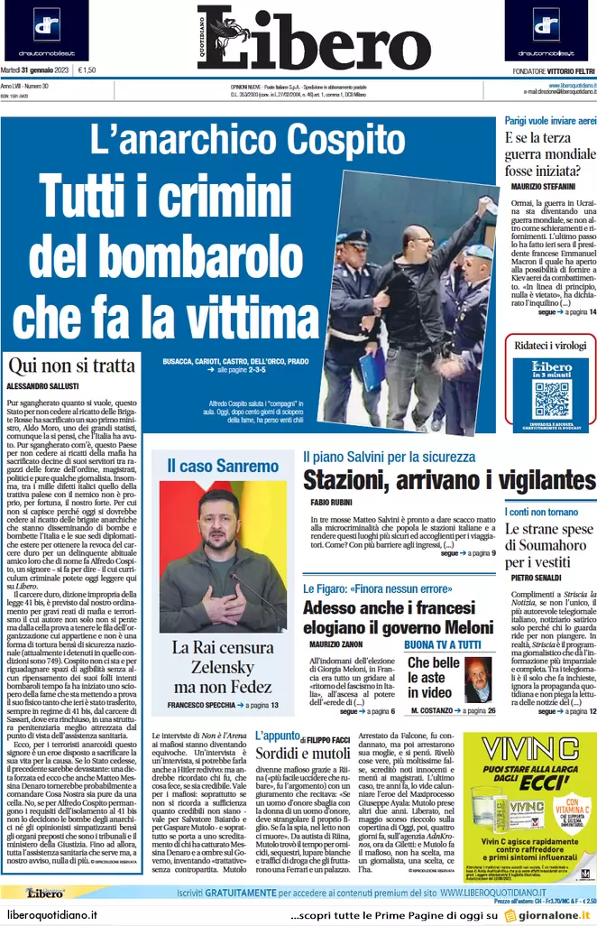Prime pagine giornali 31 gennaio 2023. Cospito e anarchici: via tutti i 41 bis
